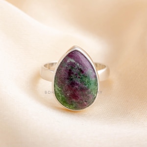 Ruby Zoisite Sterling Silver Ring: Adjustable Pear Cabochon