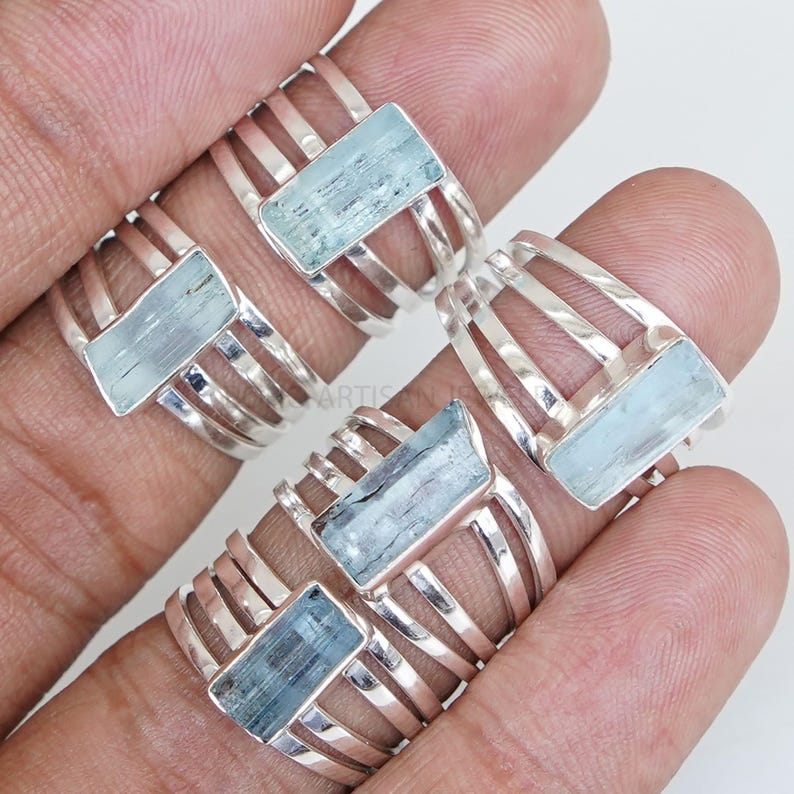 Raw Aquamarine Spiral Ring, Natural Bar Ring, Sterling Silver Jewelry, Aquamarine Ring, March Birthstone, Crystal Ring, Gift For Women image 3