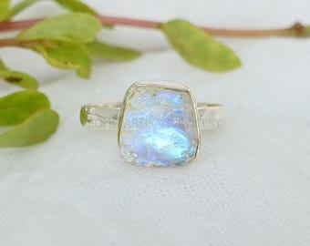 RAW Moonstone Ring, Crystal Stone Silver Jewelry, RHODIUM over Silver, Blue Fire Moonstone, Rough Stone, July Birthstone, Bestseller