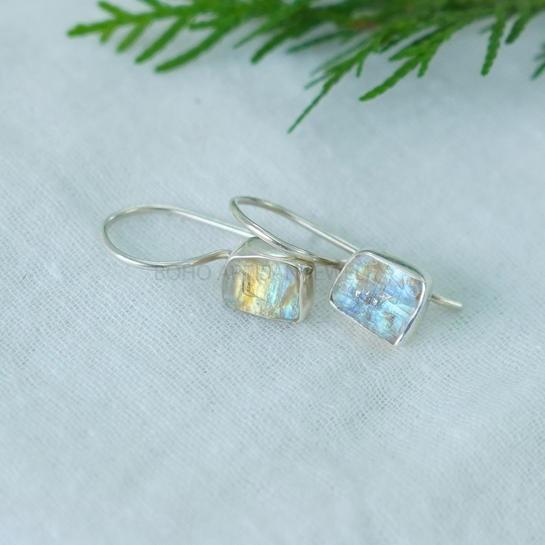 Raw Moonstone Earring, Silver Handmade Earring, Dangle Earring, Blue Fire Moonstone, Raw Stone Jewelry, July Birthstone, Christmas Gift image 3