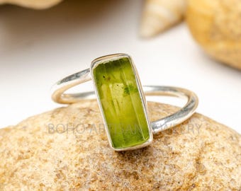 Raw Peridot Sterling Silver Ring: Twisted Stacking Band, August Birthstone