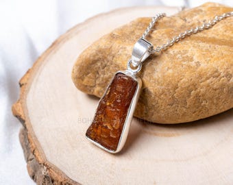 Raw Orange Kyanite Pendant Necklace: Handmade Sterling Silver Boho Jewelry