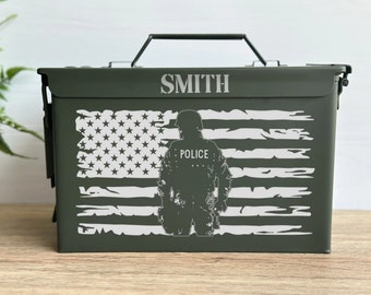 Personalized Engraved Police Officer Ammo Can | American Police Flag | Personalized Gift for Law Enforcement Officers