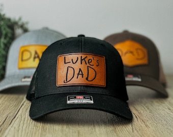 Custom Leather Patch Hat for Dad, Stepdad, Grandpa - Engraved with Child’s Handwriting - Personalized Unique Gift for Him
