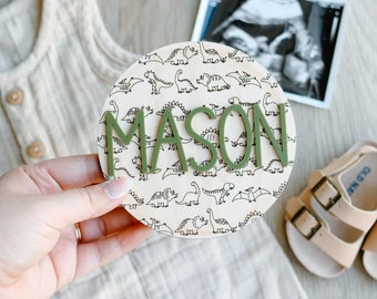 Dino Baby Name Sign - Personalized Birth Announcement - Nursery Decor - Fresh 48 Photos - Custom Hospital Gift For Boy