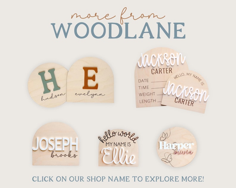 May include: A collection of wooden signs featuring arched and circular shapes with personalized names and birth details. The signs include raised white, green, and orange lettering, script fonts, and butterfly line art designs.