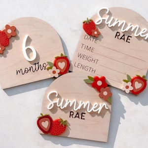 Faire-part de naissance à l'hôpital personnalisé | nominatif sur le thème de la fraise, signe des statistiques de naissance et cartes d'étape mensuelle | Décoration de chambre d'enfant