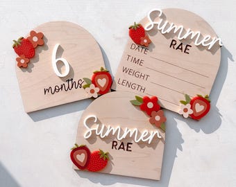 Personalized Hospital Birth Announcement Sign | Strawberry-Themed Name Sign, Birth Stats Sign, & Monthly Milestone Cards | Nursery Decor