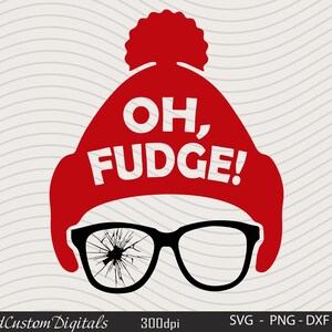 May include: Red knit hat with a white pom pom and the text "OH, FUDGE!" in white. The hat has a pair of black glasses with cracked lenses.