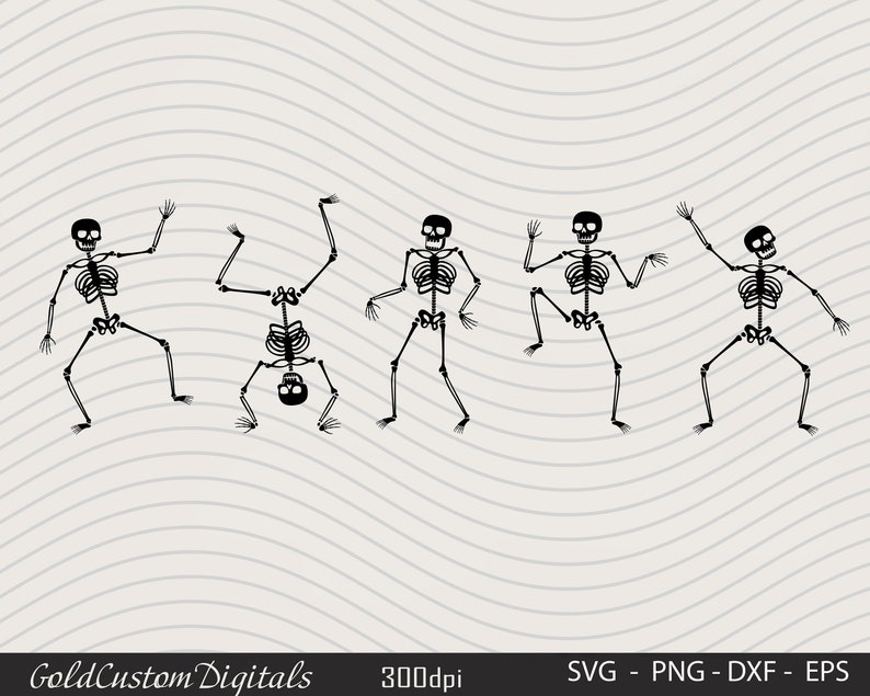 Puede incluir: Cinco figuras de esqueleto negro en varias poses de baile. Los esqueletos est&aacute;n delineados en negro y se colocan sobre un fondo blanco con un patr&oacute;n ondulado.