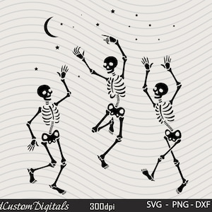May include: Three black skeleton figures dancing under a crescent moon and stars. The skeletons are in various poses with their arms and legs outstretched.