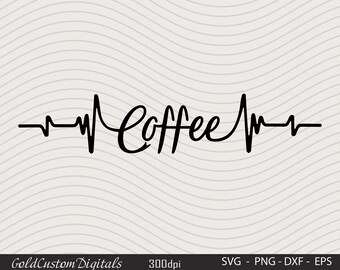 コーヒーのハートビート SVG、コーヒーの脈動 SVG、Ekg コーヒー SVG、コーヒー中毒 SVG、コーヒー愛好家 SVG、コーヒーのシルエット、300 dpi