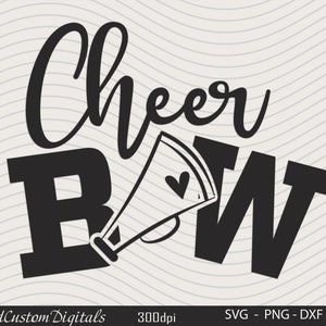 Puede incluir: Diseño gráfico en blanco y negro con el texto "Cheer Bow" y un megáfono con un corazón.