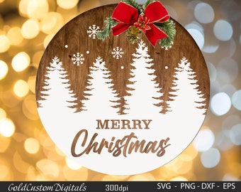 May include: A white wooden round sign with a wood grain texture. The sign has a red bow at the top and a white silhouette of pine trees and snowflakes. The text "Merry Christmas" is written in white cursive lettering.