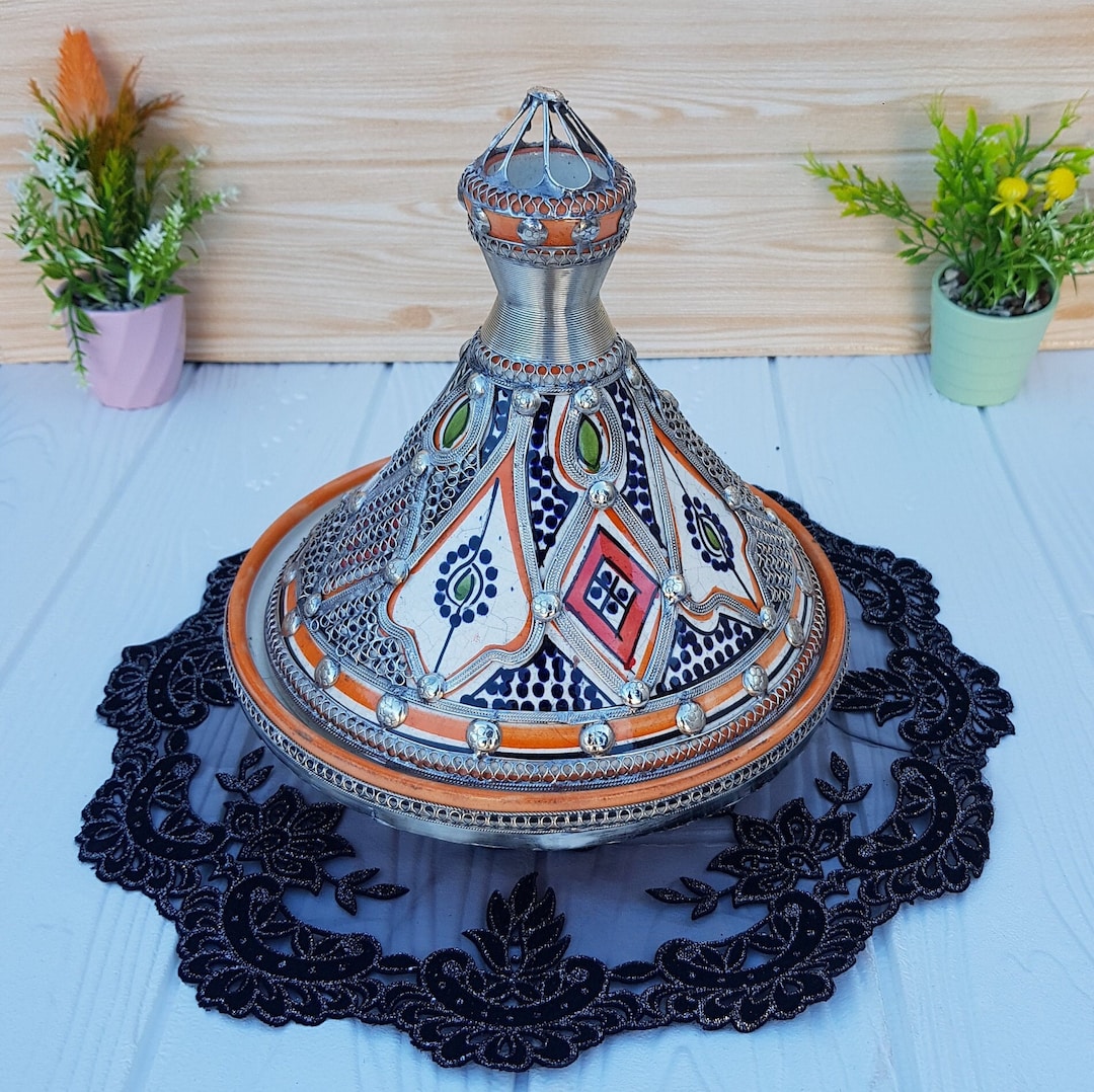 Moroccan Ceramic Tagine With Nickel Silver Inlaysoriginal Ceramic