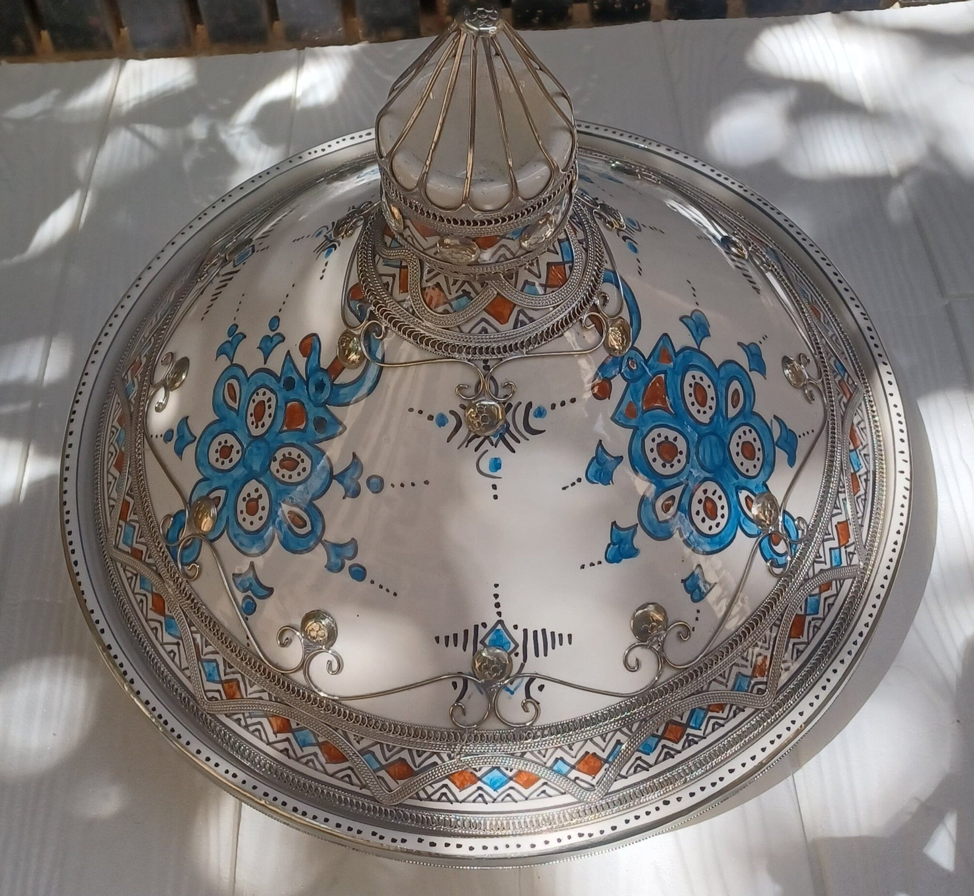 official Moroccan Ceramic Tagine with Nickel Silver Inlays-Original Ceramic  Tagine-Berber Serving Plate-Pottery Tagine-Hand Decorated Tagine-ArtsFez