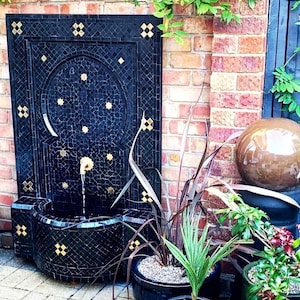 Handmade Moroccan Black Mosaic Water Fountain with 14k Gold Plated Tiles-Indoor & Outdoor Mosaic Fountain-Custom Black Mosaic Patio Fountain