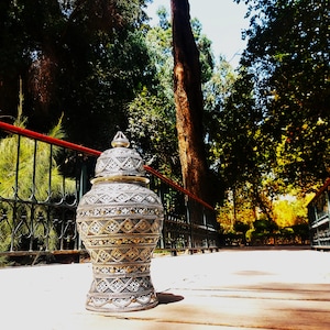 Moroccan Ceramic Vase Inlaid with Silver Nickel-Handmade Ceramic Jar-Silver ornaments-Interior decorations-Traditional Moroccan Pottery Jar