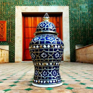 Unique Moroccan Ceramic Vase with Silver Inlay-Handcrafted Pottery Jar-Silver Studs-Hand Painted Ceramic Vase-Vintage-Moroccan Ceramic Jar