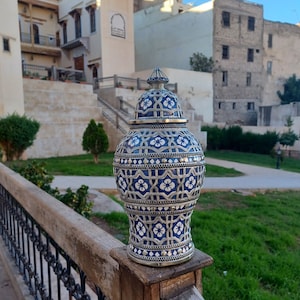 Beautifully Hand-Painted Moroccan Ceramic Vase-Handmade Jar Inlaid with Nickel Silver-Unique Covered Pottery Jar-Living Room Decorations