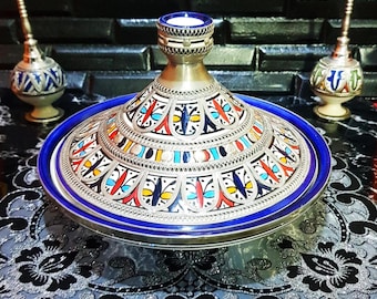 Moroccan Ceramic Tagine with Nickel Silver Inlays-Ceramic Tagine For Serving-Handmade Decorative Tagine-Hand Painted Moroccan Serving Plate