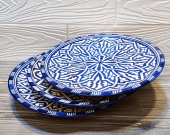 Set of Three Handmade Moroccan Ceramic Plates-Blue Serving Dishes-Ceramic Kitchen Utensils-Ceramic Appetizer Dishes-Meals Serving Plates