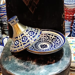 Ceramic Tagine Inlaid with Silver Nickel For Serving Meals-Unique Pottery Tagine-Elegant Serving Plate-Tangine-Home Decors-Moroccan Tagines
