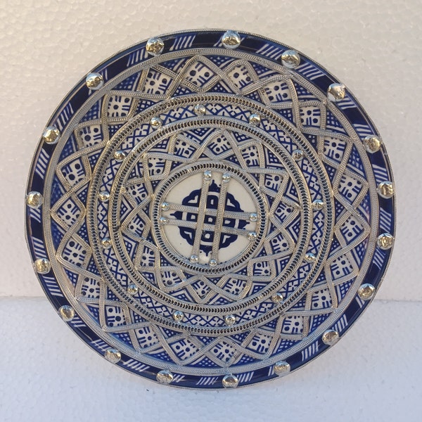 Moroccan Ceramic Dish with Nickel Silver Inlay-Unique Wall Dish-Handmade Pottery Plate-Decorative Wall Dish-Home Wall Decorations-ArtsFez