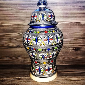 Unique Moroccan Ceramic Vase with Silver Nickel Inlay-Handcrafted Pottery Jar-Silver Studs-Hand Painted Ceramic Vase-Clay Pot-Ceramic Vase