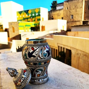 Unique Moroccan Ceramic Vase with Silver Nickel Inlay-Handcrafted Pottery Jar-Silver Studs-Hand Painted Ceramic Vase-Moroccan Ceramic Vases