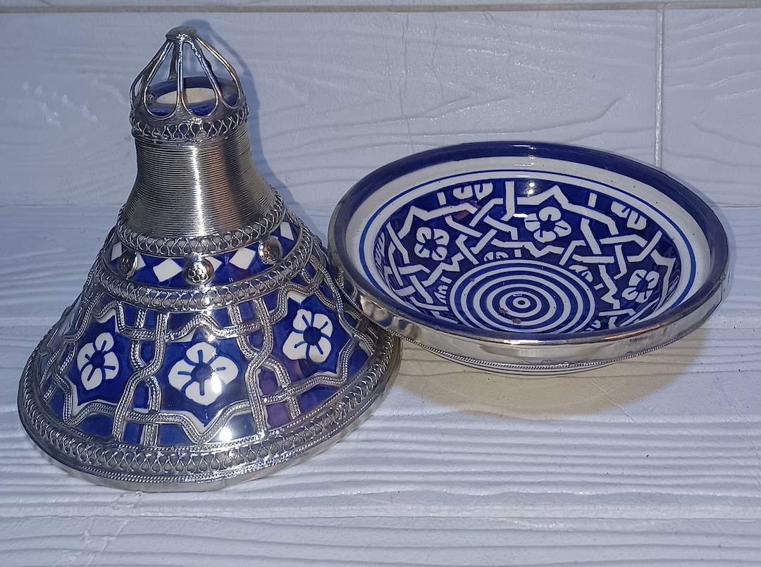 Moroccan Ceramic Tagine With Nickel Silver Inlays-original Ceramic