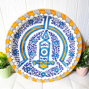Handbeschilderd Marokkaans keramisch bord - Unieke keramische serveerschaal - Keukengerei - Aardewerken wandschaal - Klei serveerschaal - Wandschalen voor thuis - Cadeau