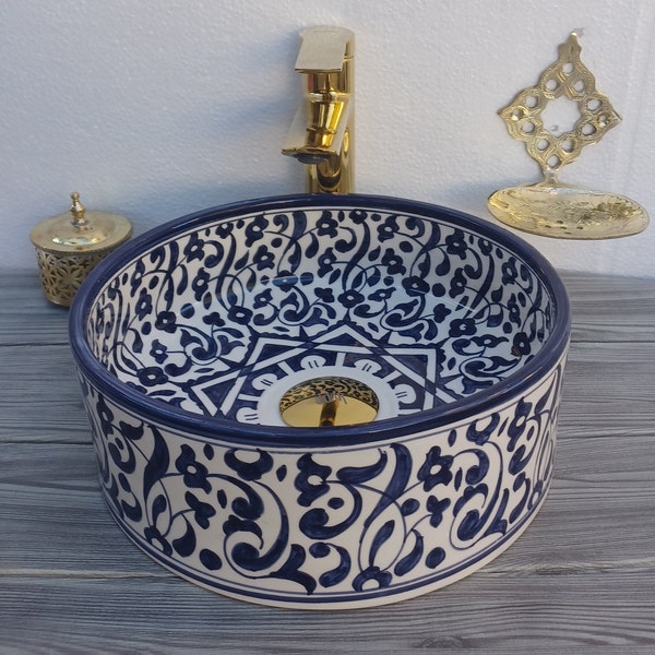 Lavabo marroquí-fregadero de cocina de cerámica marroquí-fregadero de baño-vasco-fregadero de arcilla hecho a mano-fregadero de tocador-lavabo de encimera-recipiente de cerámica-vasco
