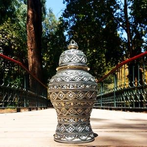 Moroccan Ceramic Vase Inlaid with Silver Nickel-Handmade Ceramic Jar-Silver ornaments-Interior decorations- Traditional Moroccan Pottery Jar
