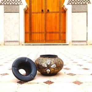 Cenicero de cerámica marroquí hecho a mano con incrustaciones de metal y hueso-cenicero de cerámica antigua con incrustación de hueso-decoración del hogar-cenicero hecho a mano-Vintage