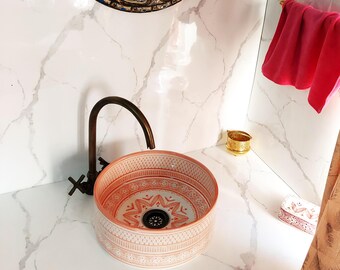 Hand Painted Ceramic Wash Basin-Moroccan Ceramic Sink-Bathroom Vessel-Vanity Sink-Pink Painted Bathtub-Moroccan Clay Sinks-Countertop Basin