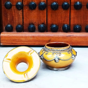 Moroccan Ceramic Ashtrays-Silver Nickel Inlaid Pottery Ashtray-Unique Ashtrays-Gift Idea-Moroccan Ashtray For Smokers-Vintage-Patio Ashtray