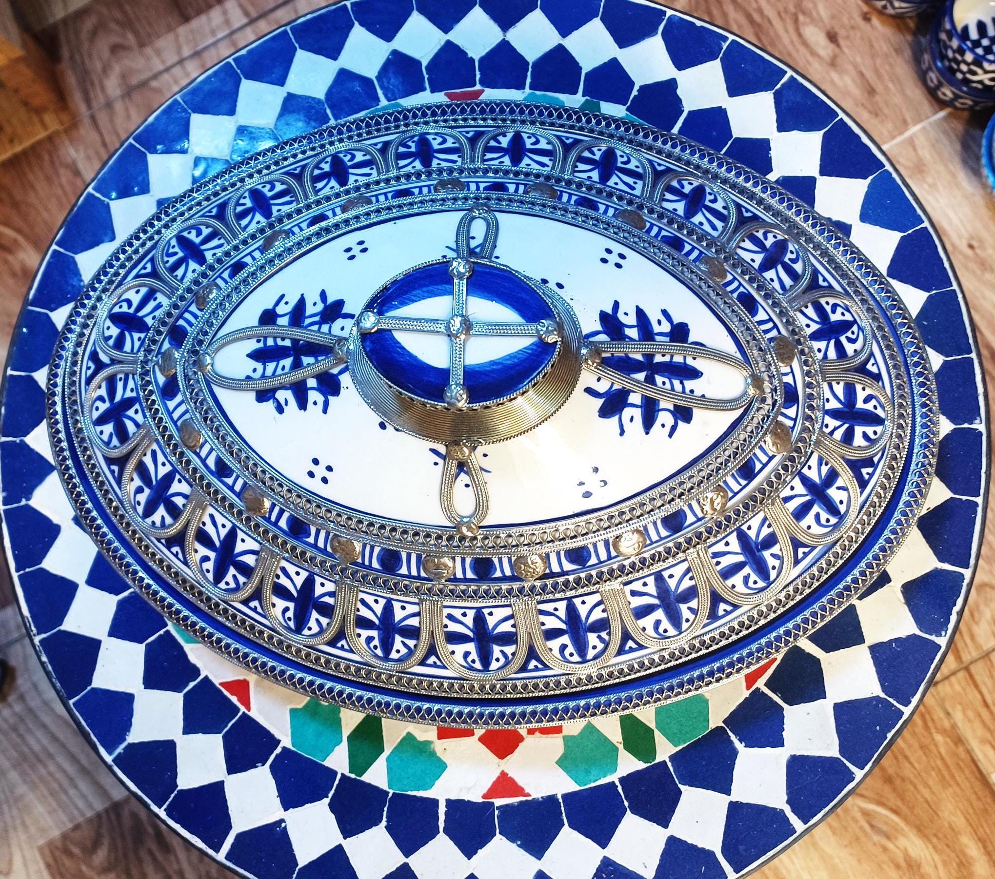 Moroccan Oval Ceramic Tagine Inlaid with Silver Nickel-Luxury Oval Tagine-Oval Pottery Dish For Serving Meals-Unique Ceramic Serving Tagine