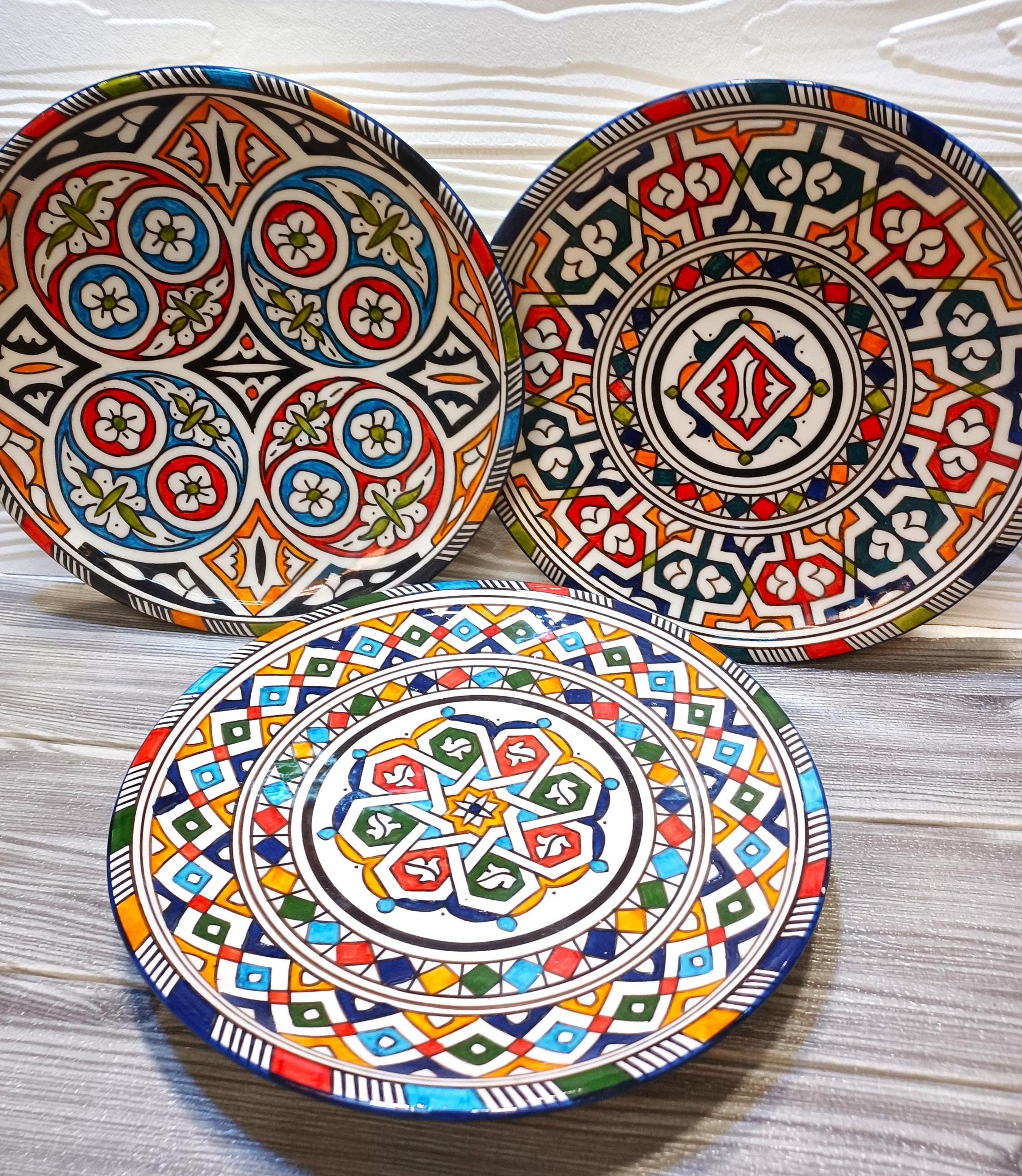 Set of Three Handmade Moroccan Ceramic Plates-Pottery Serving Dishes-Ceramic Kitchen Utensils-Ceramic Appetizer Dishes-Meals Serving Plates