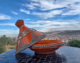 1-3 Days Shipping-Unique Moroccan Orange Tagine-Beautiful Moroccan Ceramic Tagine with Metal and Stone Inlay-Moroccan Pottery Serving Plate