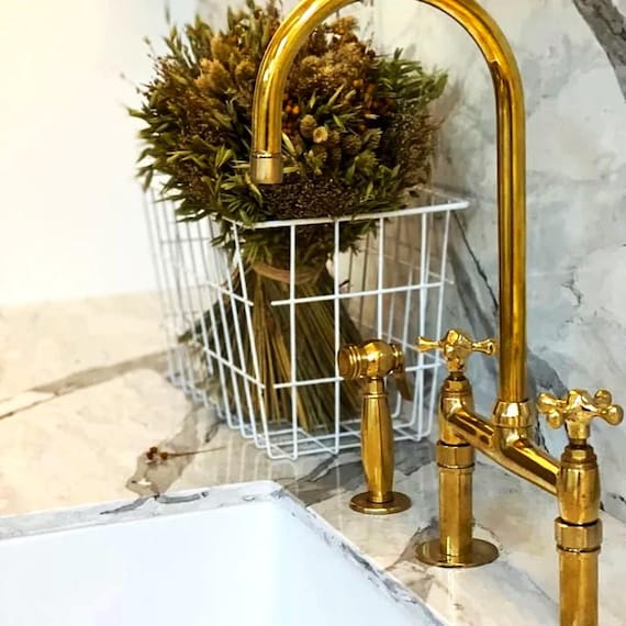 サイドスプレー付き無塗装真鍮製キッチン蛇口 - 塗装なし真鍮製