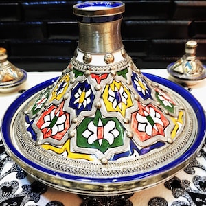 Ceramic Tagine Inlaid with Silver Nickel For Serving Meals-Unique Pottery Tagine-Elegant Serving Plate-Tangine-Home Decors-Moroccan Tagines