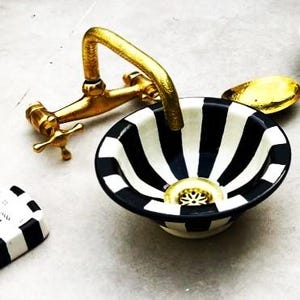 Moroccan Ceramic Basin-Handmade Pottery Sink-Bathroom Wash Basin-Kitchen Countertop Sink-Hand Wash Sink-Black & White Basin-Vanity Sink