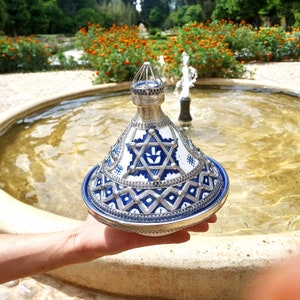 Moroccan Ceramic Tagine with Nickel Silver Inlays-Jewish Serving Plate For Delicious Meals-Handcrafted Moroccan Tagine