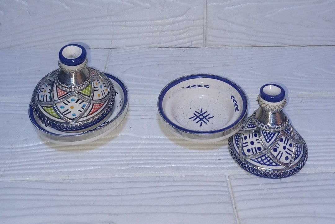 Set of Two Moroccan Ceramic Seasoning Tagines With Nickel Inlays