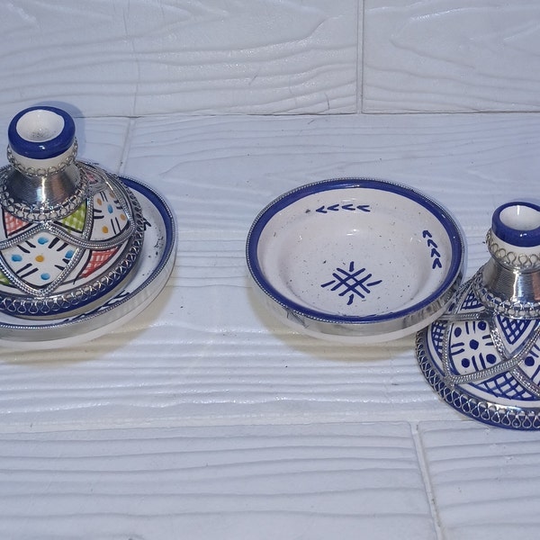 Set of Two Moroccan Ceramic Seasoning Tagines With Nickel Inlays-Beautiful Spice Bowls-Unique Serving Tagines-Serving Plates-ArtaFez Pottery