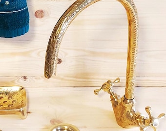 Hand Carved Moroccan Brass Faucet-Brass Bathtub Faucet-Kitchen Brass Tap-Solid Brass Wall Mounted Water Faucet-Mixer Tap-Copper Bath Faucet