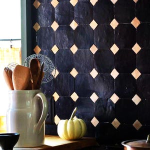 Handmade Moroccan Octagonal Zellige-Black & Beige Tiles-Kitchen Backsplashes-Authentic Tiles From Fez-Octagonal Design-Moroccan Mosaic Tiles