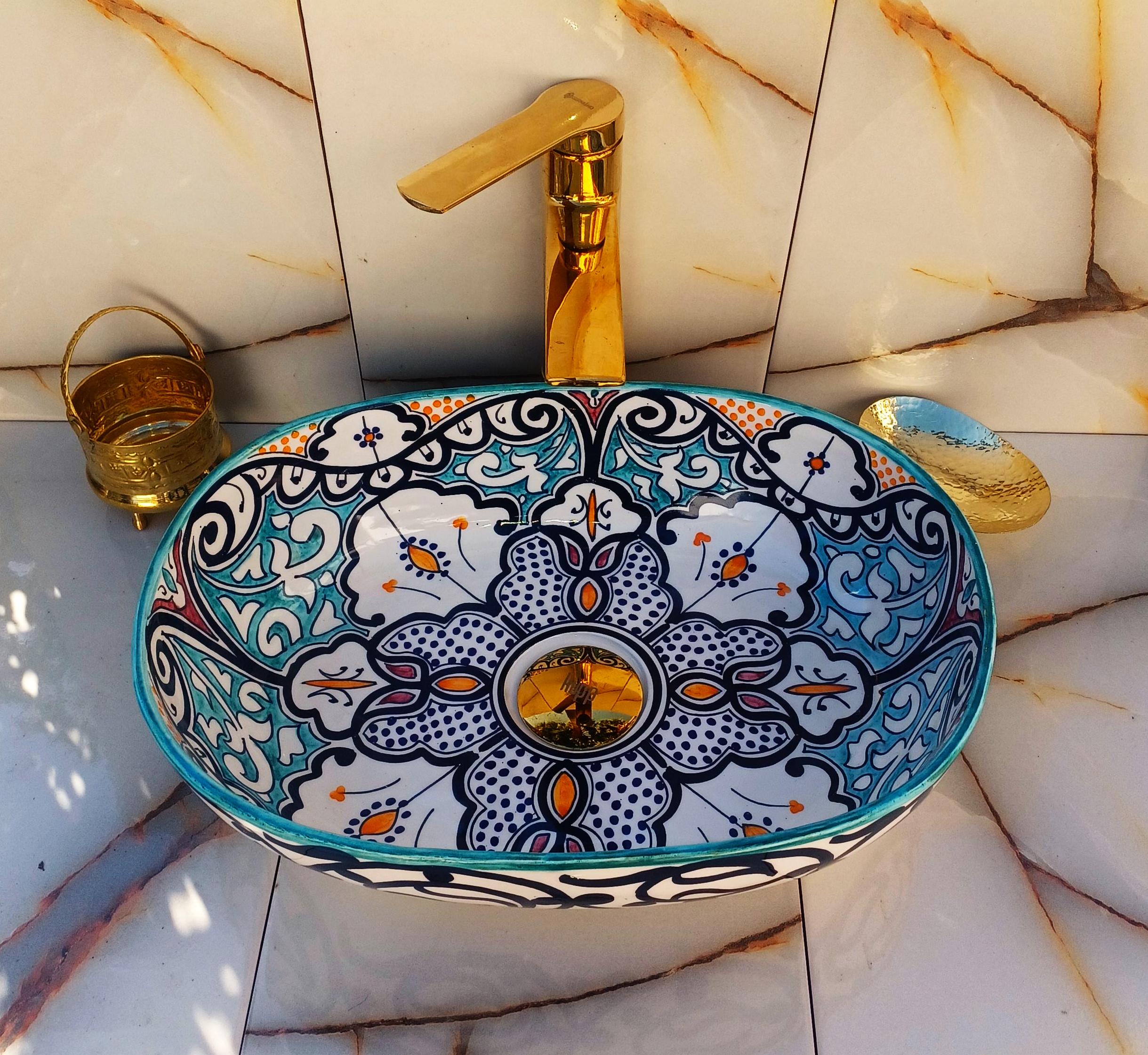 Oval Ceramic Wash Basin-Moroccan Bathroom Sink-Handmade Oval Tub-Vanity Sink-Hand Painted Basin-Pottery Vessel-Oval Bowl-Free Accessories