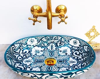 Oval Ceramic Wash Basin-Moroccan Bath Sink-Oval Pottery Basin-Vanity Sink-Hand Painted Basin-Oval Ceramic Tub-Clay Sinks-Bathroom Renovation